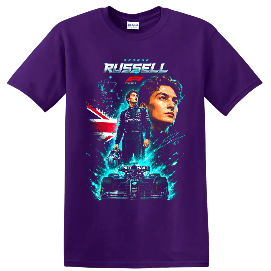 George Russell Mercedes Formula 1 portrait and race car graphic with Union Jack on a Purple T Shirt