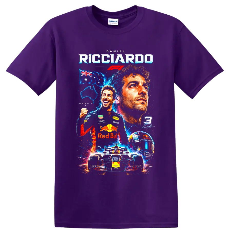Daniel Ricciardo F1 collage with Red Bull car, helmet, Australian flag and number 3 on a Purple T Shirt
