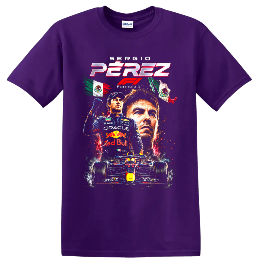 Sergio Pérez Formula 1 Red Bull Racing collage with Mexican flags and race car on a Purple T Shirt