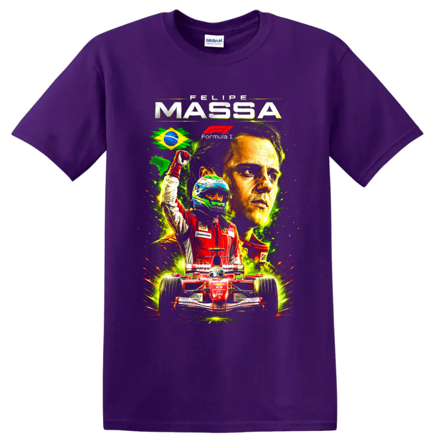 Felipe Massa Ferrari Formula 1 collage with Brazilian flag, driver portrait, and red race on a Purple T Shirt