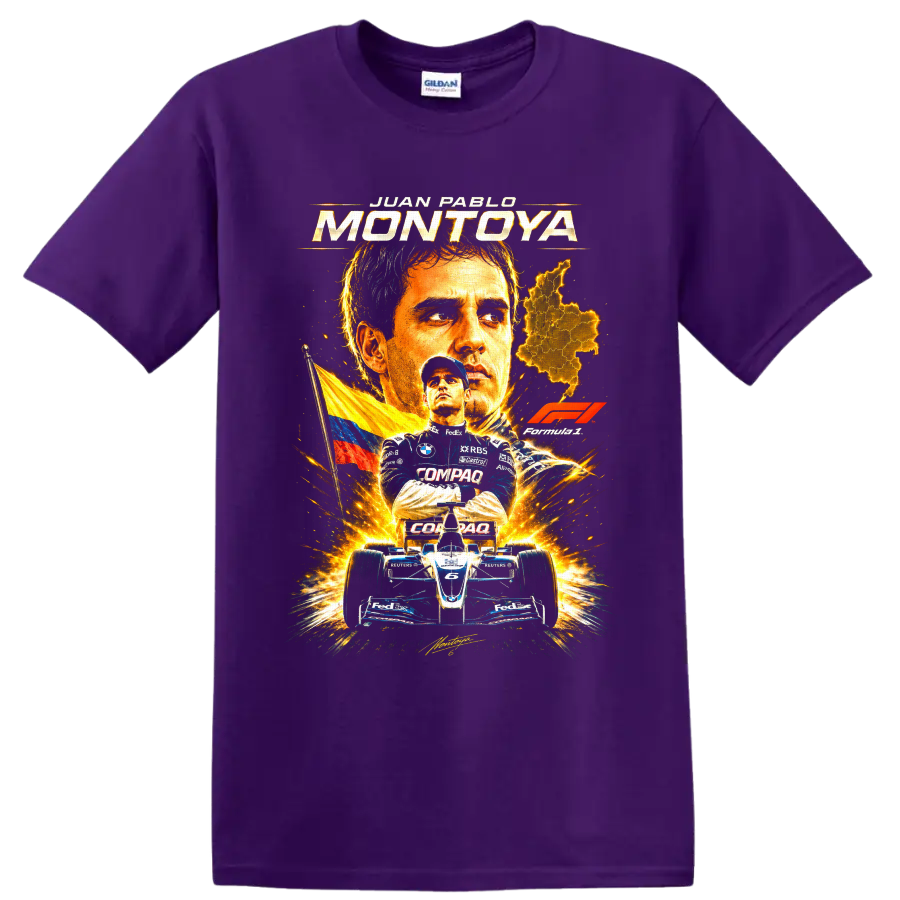 Juan Pablo Montoya Formula 1 portrait with Colombian flag, map, and number 6 race car on a Purple T Shirt