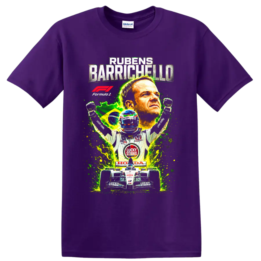 Rubens Barrichello BAR Honda Formula 1 racing collage with Brazilian flag and race car on a Purple T Shirt