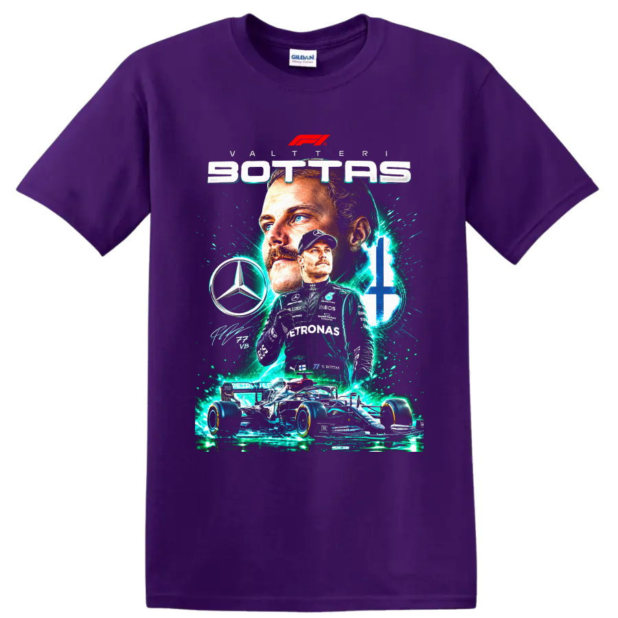 Valtteri Bottas Mercedes Formula 1 number 77 racing collage with teal energy effects on a Purple T Shirt