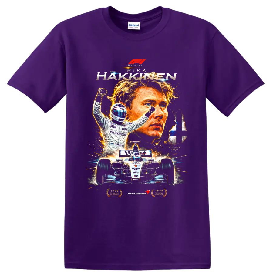 Mika Häkkinen McLaren racing portrait, victory pose, race car and Finnish flag on a Purple T Shirt