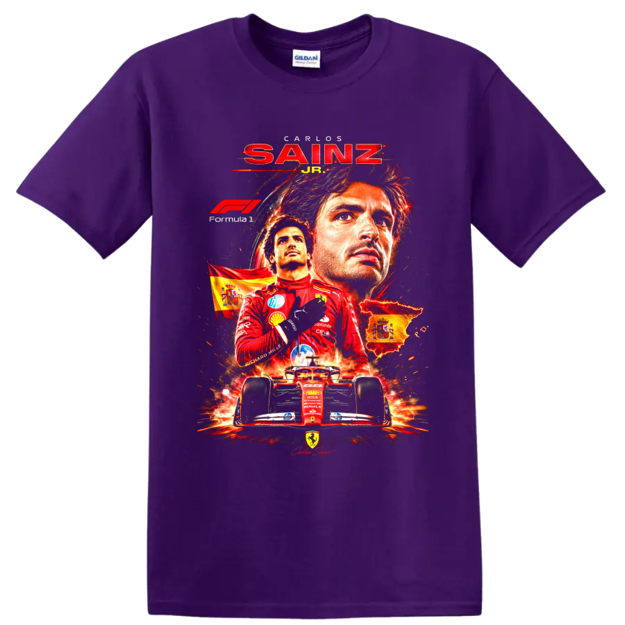 Carlos Sainz Jr Ferrari Formula 1 poster graphic with Spanish flags and red race car on a Purple T Shirt