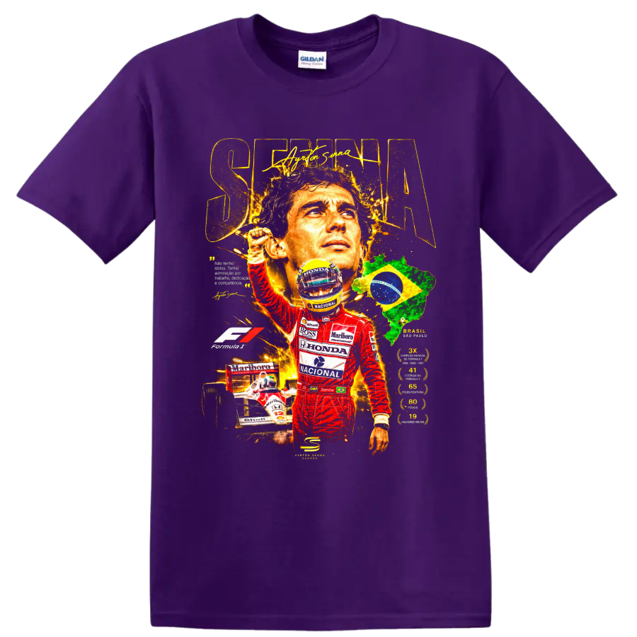 Ayrton Senna Formula 1 tribute collage with Brazil map, race car, and helmet on a Purple T Shirt