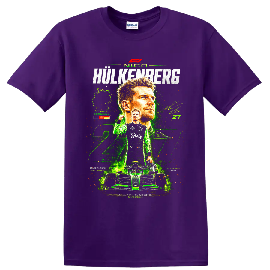 Nico Hülkenberg Kick Sauber 27 racing collage with portrait, helmet, and race car on a Purple T Shirt