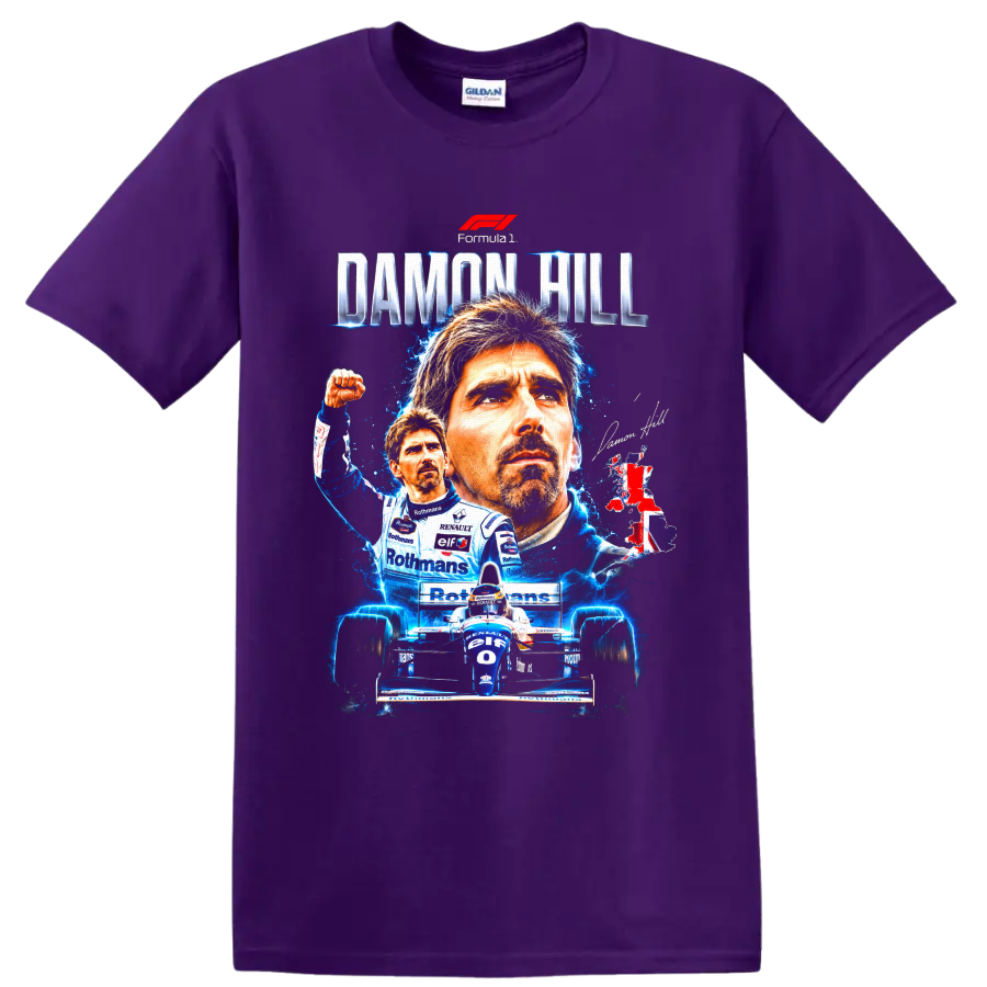 Damon Hill Williams Formula 1 portrait collage with race car and DAMON HILL text on a Purple T Shirt