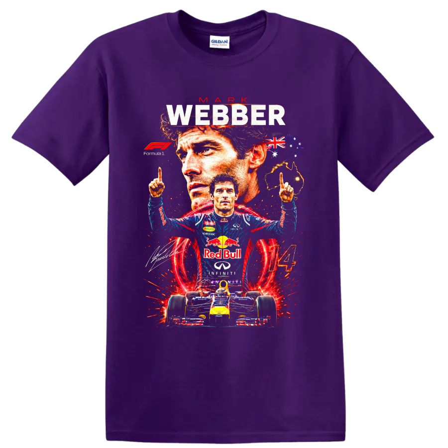 Mark Webber Red Bull Racing Formula 1 collage with Australian flag, race car and number 14 on a Purple T Shirt
