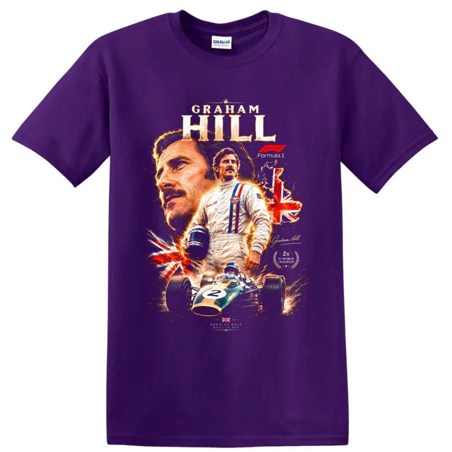Graham Hill Formula 1 portrait with vintage number 2 race car and Union Jack collage on a Purple T Shirt