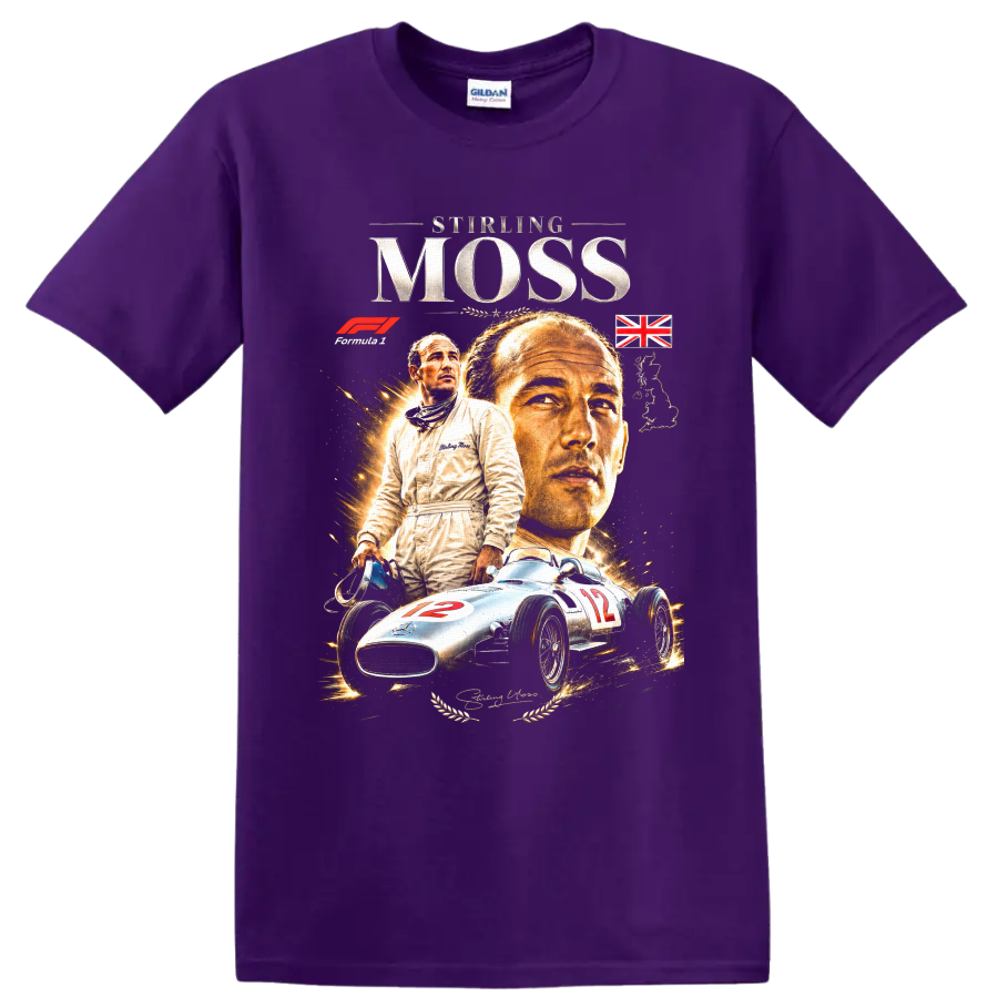 Stirling Moss portrait with silver number 12 Mercedes-Benz race car vintage racing graphic on a Purple T Shirt