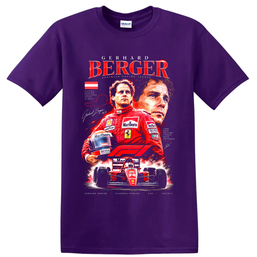 Gerhard Berger Ferrari Formula 1 vintage racing collage with red number 28 car on a Purple T Shirt