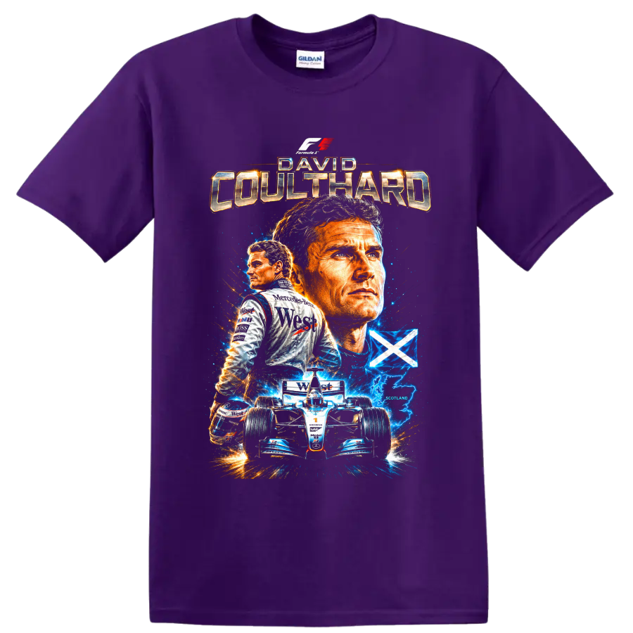 David Coulthard Formula 1 collage with McLaren car, Scotland flag, and electric effects on a Purple T Shirt