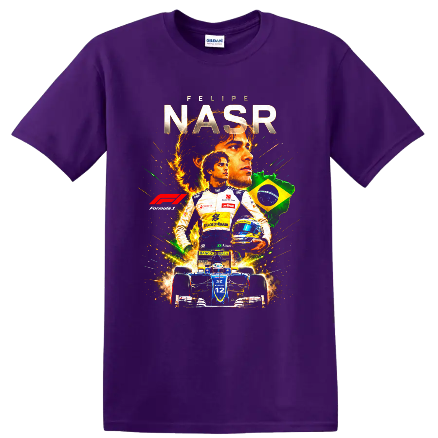 Felipe Nasr Formula 1 racing collage with Brazil flag and number 12 car on a Purple T Shirt