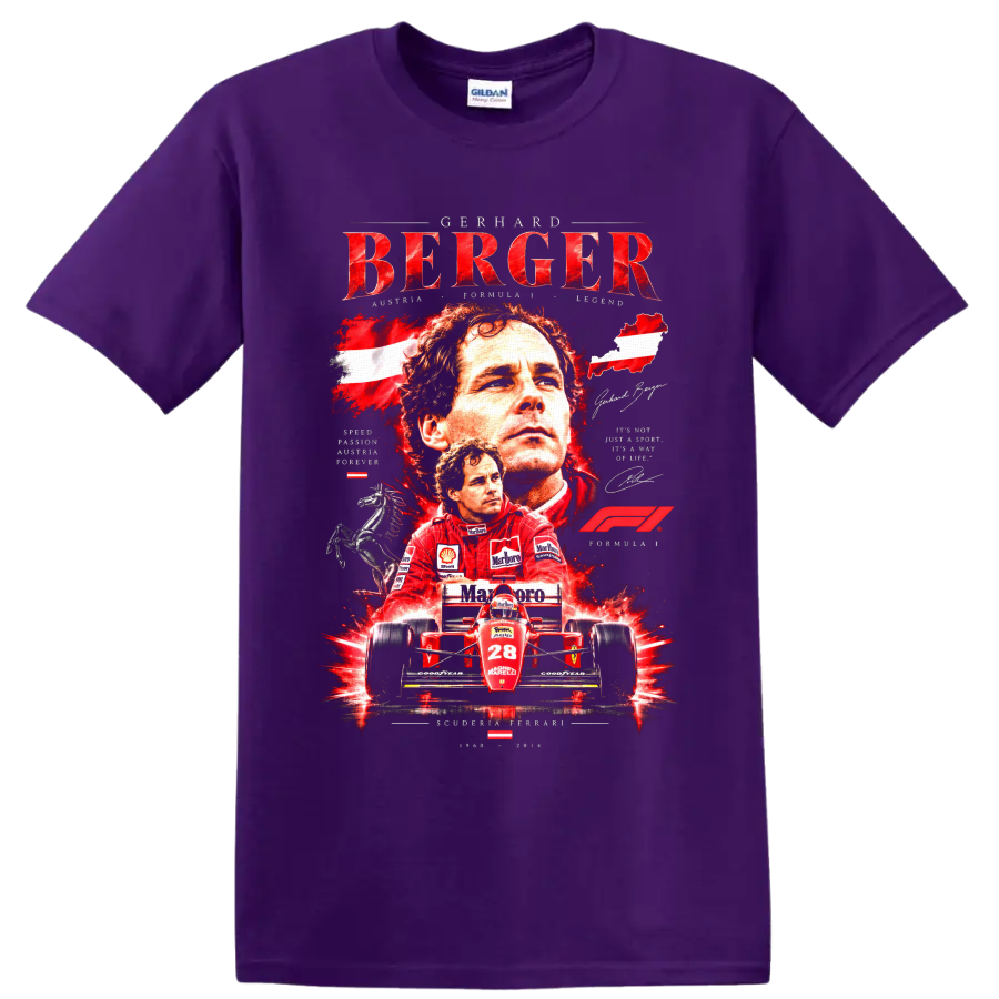Gerhard Berger Ferrari Formula 1 portrait and number 28 race car collage graphic on a Purple T Shirt