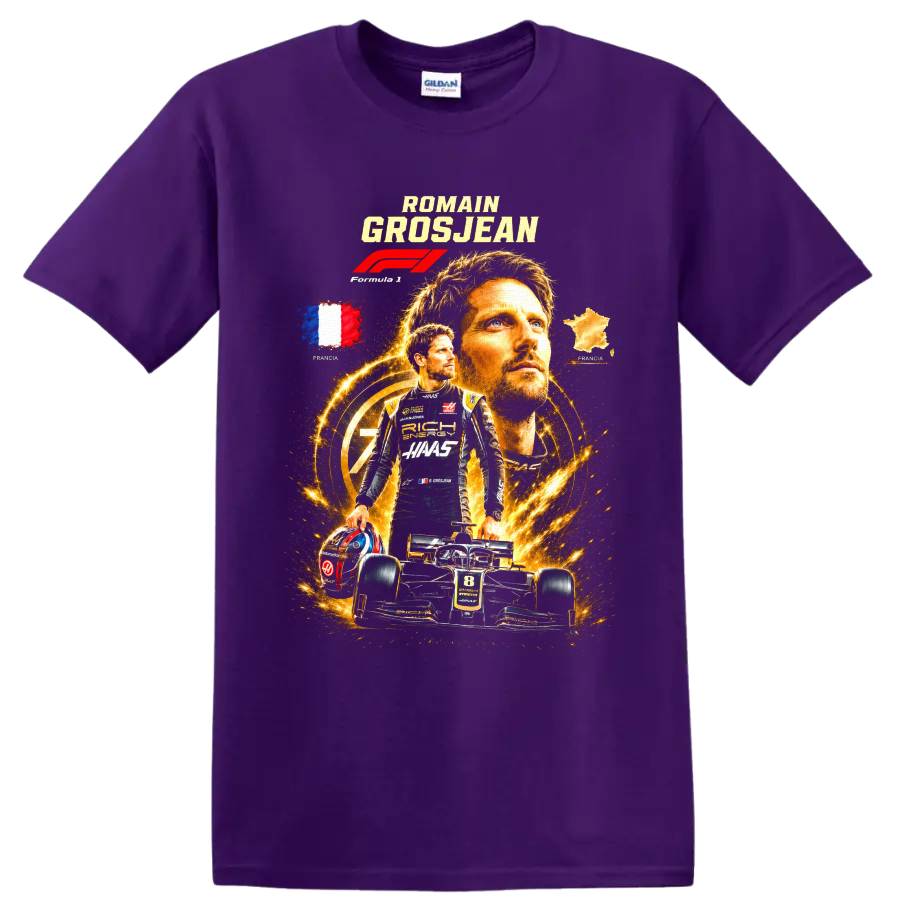 Romain Grosjean Haas F1 racing collage with number 8 car and French imagery on a Purple T Shirt