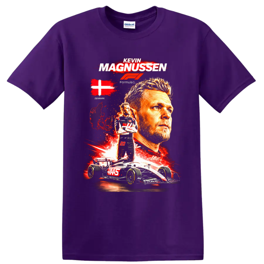 Kevin Magnussen Haas Formula 1 collage with Denmark flag, number 20, and race car on a Purple T Shirt