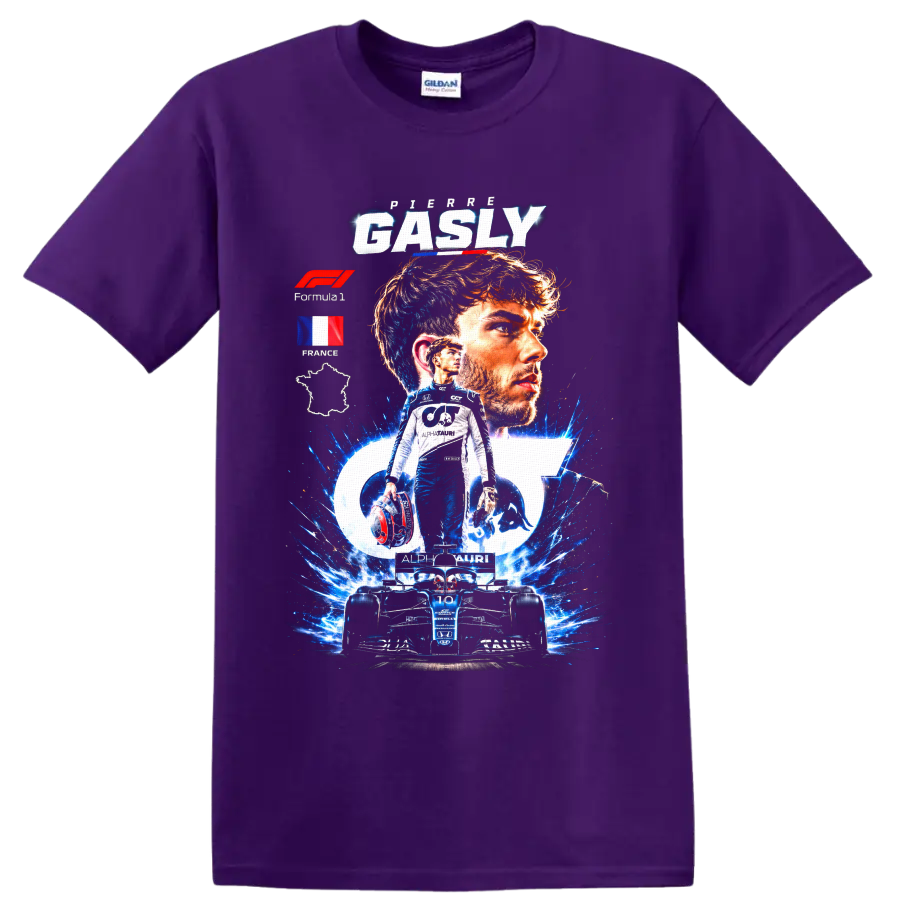 Pierre Gasly AlphaTauri Formula 1 portrait and race car graphic with French details on a Purple T Shirt