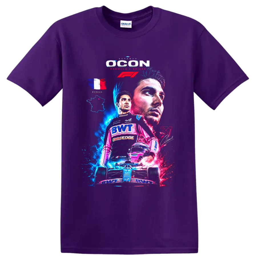 Esteban Ocon Alpine Formula 1 collage with French flag, helmet, and race car on a Purple T Shirt