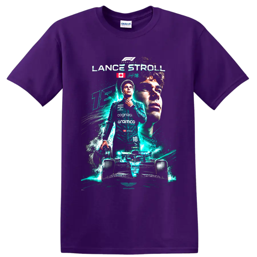 Lance Stroll Aston Martin Formula 1 driver collage with number 18 race car on a Purple T Shirt