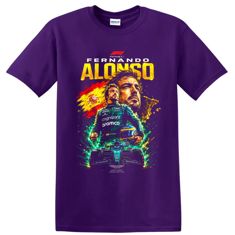 Fernando Alonso Aston Martin Formula 1 collage with number 14 car and Spanish flag on a Purple T Shirt