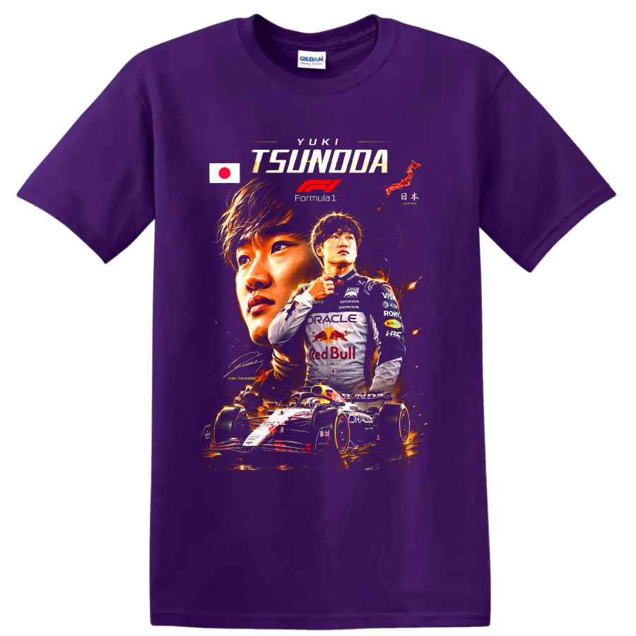 Yuki Tsunoda Formula 1 racing collage with Japanese flag, fiery portraits, and race car on a Purple T Shirt
