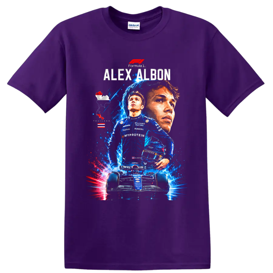 Alex Albon Williams Racing Formula 1 portrait, driver, helmet and race car graphic on a Purple T Shirt