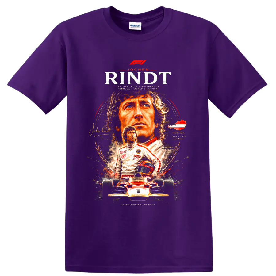 Jochen Rindt Team Lotus vintage Formula 1 portrait and race car graphic print on a Purple T Shirt
