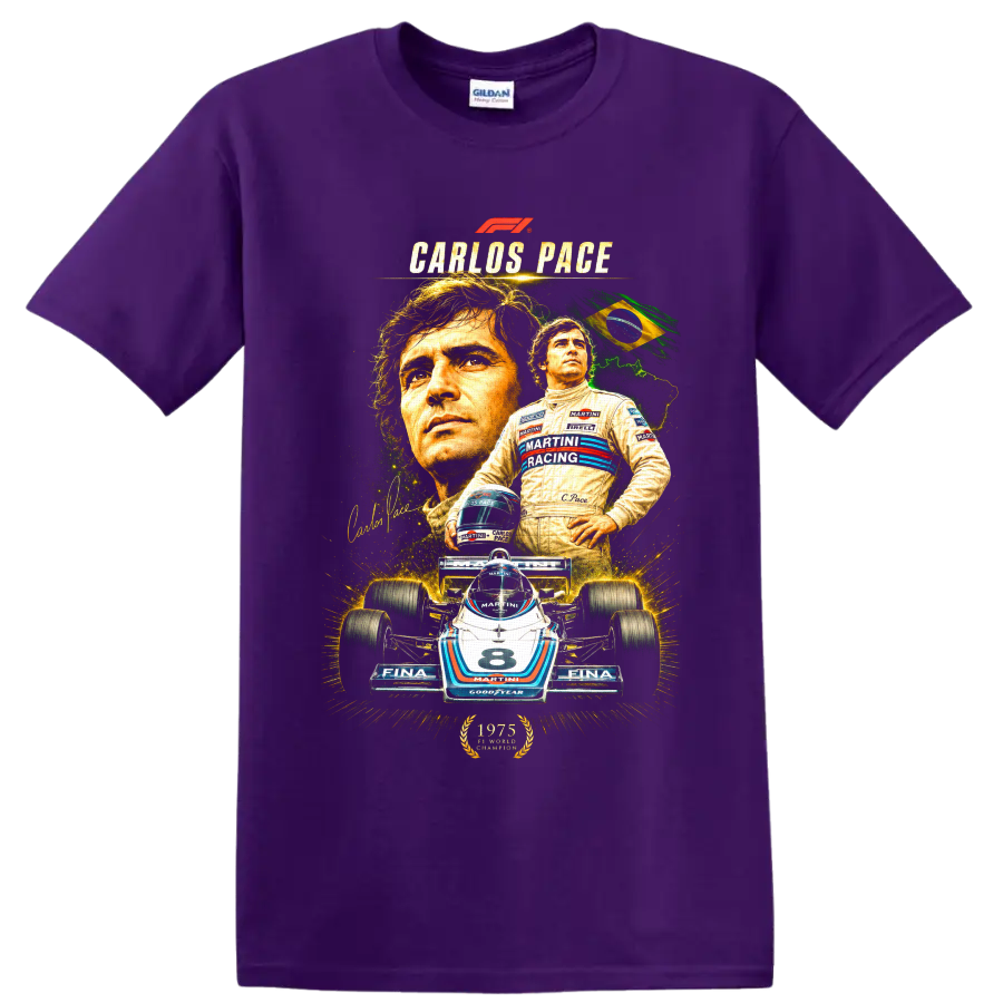 Carlos Pace portrait and Brabham Martini number 8 Formula 1 car collage on a Purple T Shirt