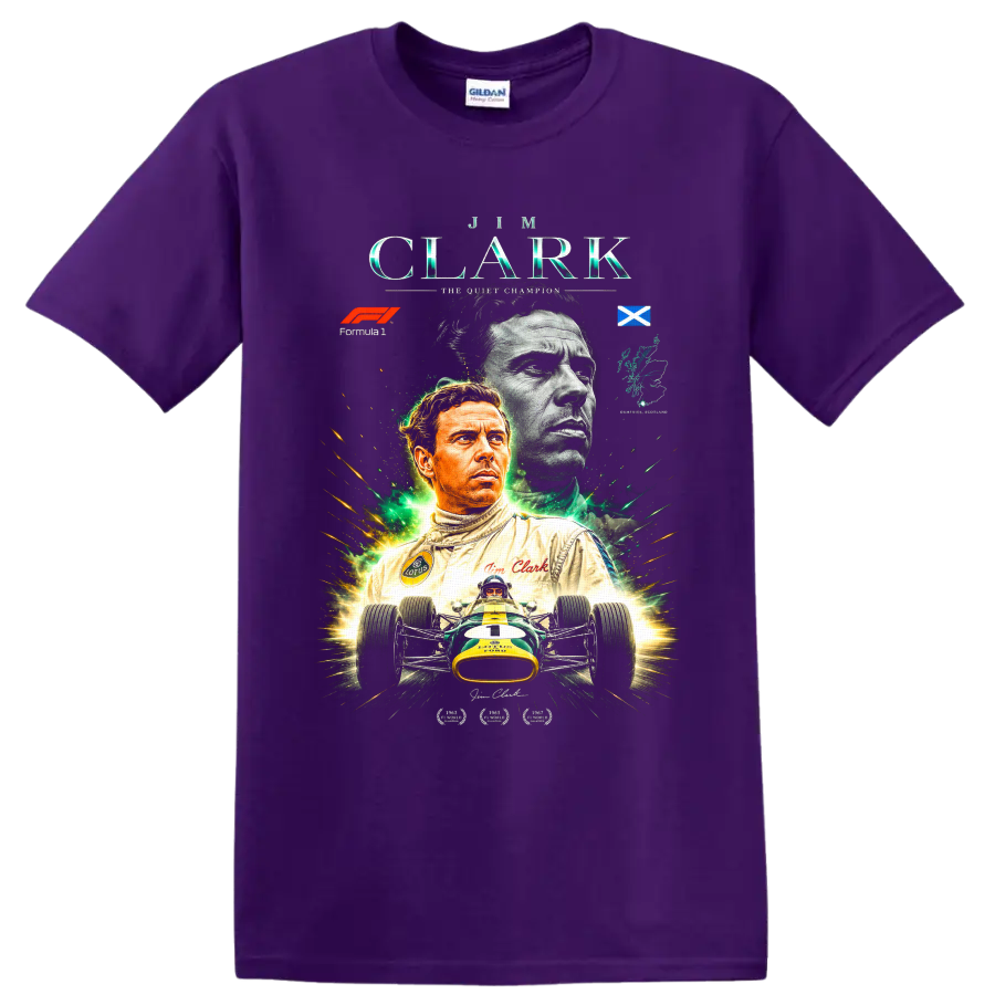 Jim Clark Lotus Formula 1 tribute with Scottish flag, portraits, and vintage race car on a Purple T Shirt
