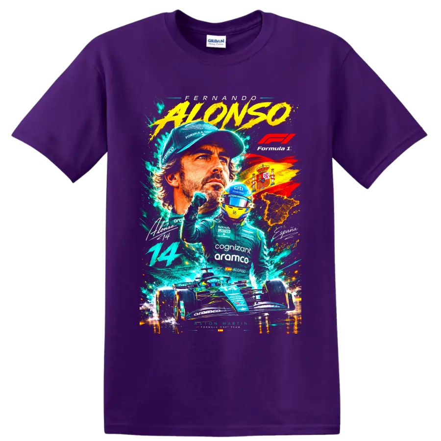 Fernando Alonso Formula 1 racing collage with Aston Martin car, helmet, number 14 and on a Purple T Shirt
