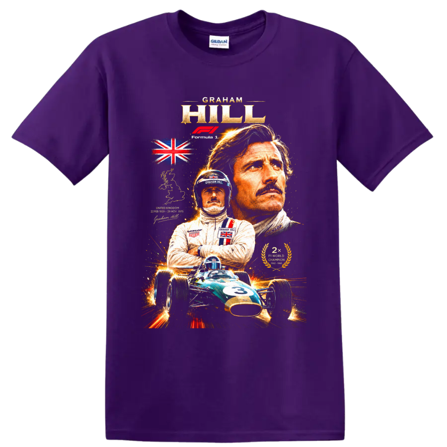 Graham Hill portrait and vintage number 3 Formula 1 car British racing tribute on a Purple T Shirt