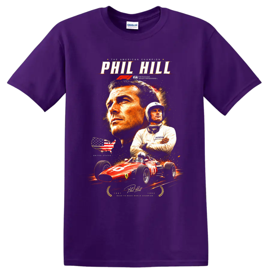 Phil Hill portraits and 1961 Ferrari race car American Champion graphic on a Purple T Shirt