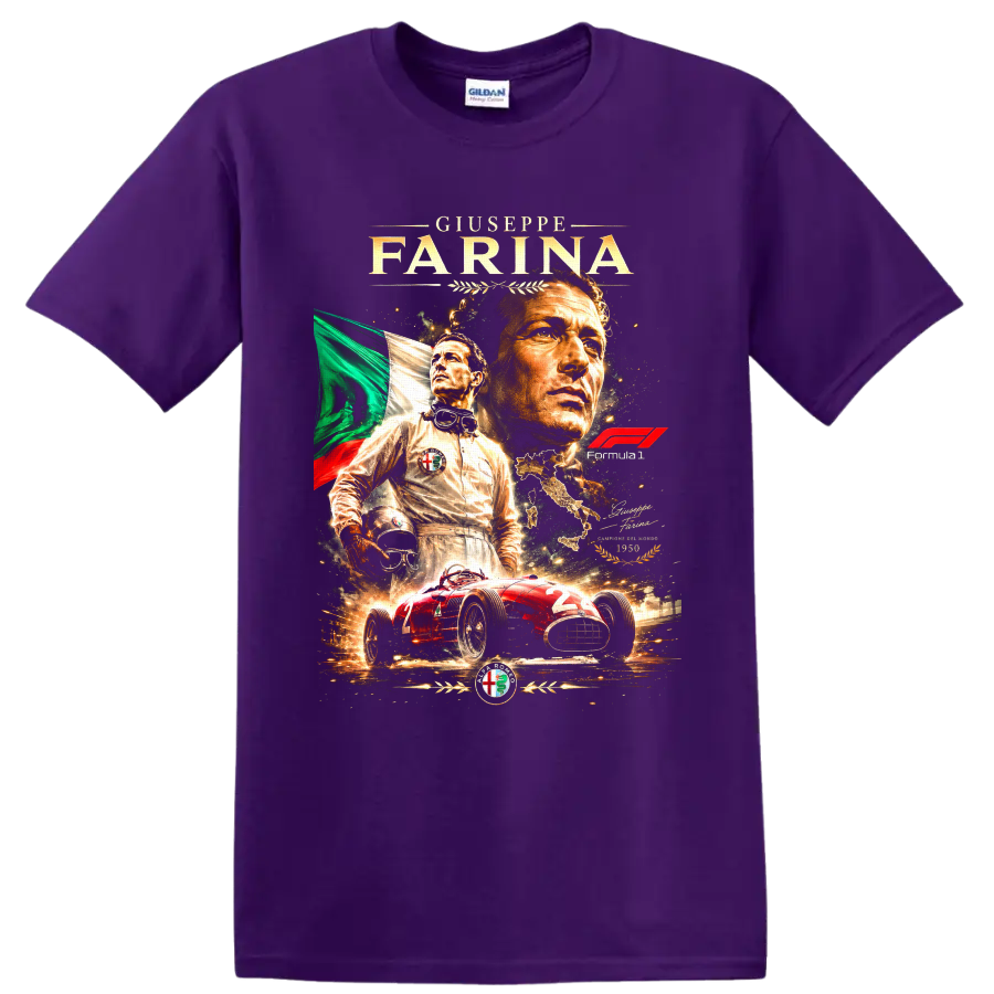 Giuseppe Farina vintage Formula 1 portrait with Alfa Romeo race car and Italian flag on a Purple T Shirt
