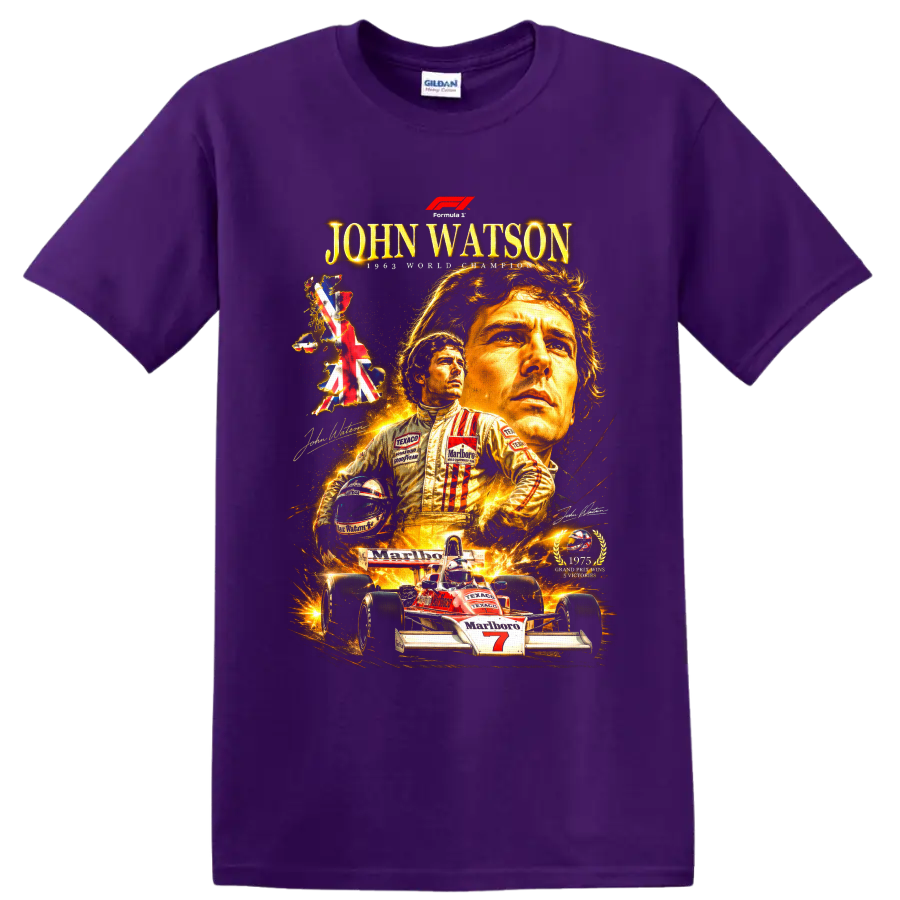 John Watson McLaren Formula 1 portrait collage with British map and number 7 race car on a Purple T Shirt