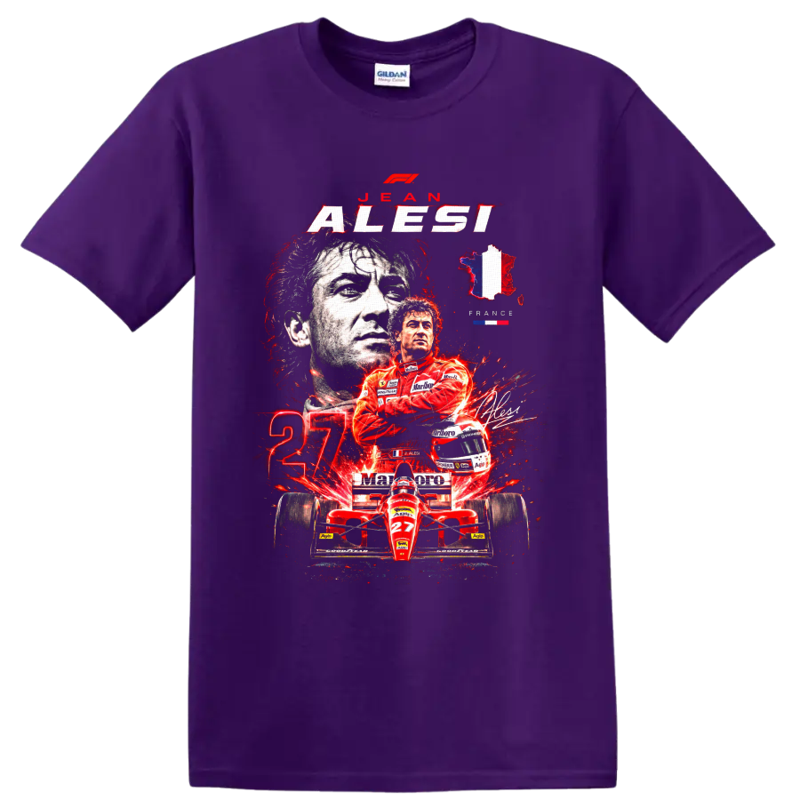Jean Alesi Ferrari Formula 1 portrait, red number 27 car, and France graphic on a Purple T Shirt