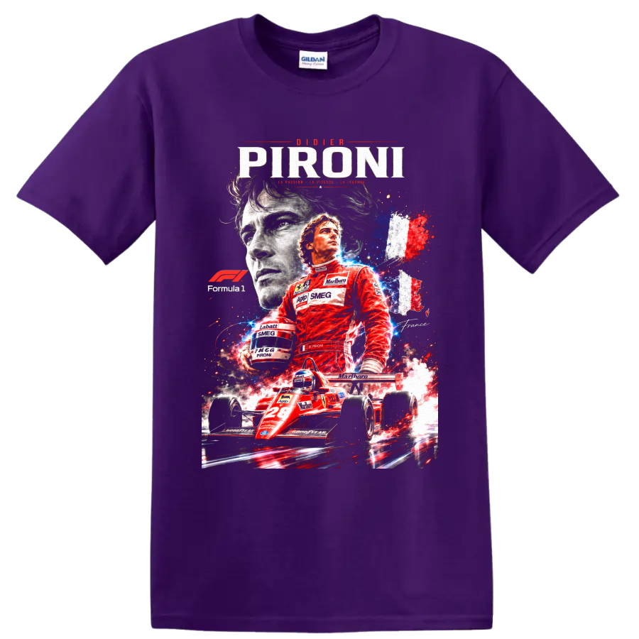 Didier Pironi Ferrari No. 28 Formula 1 collage with French tricolor racing art on a Purple T Shirt