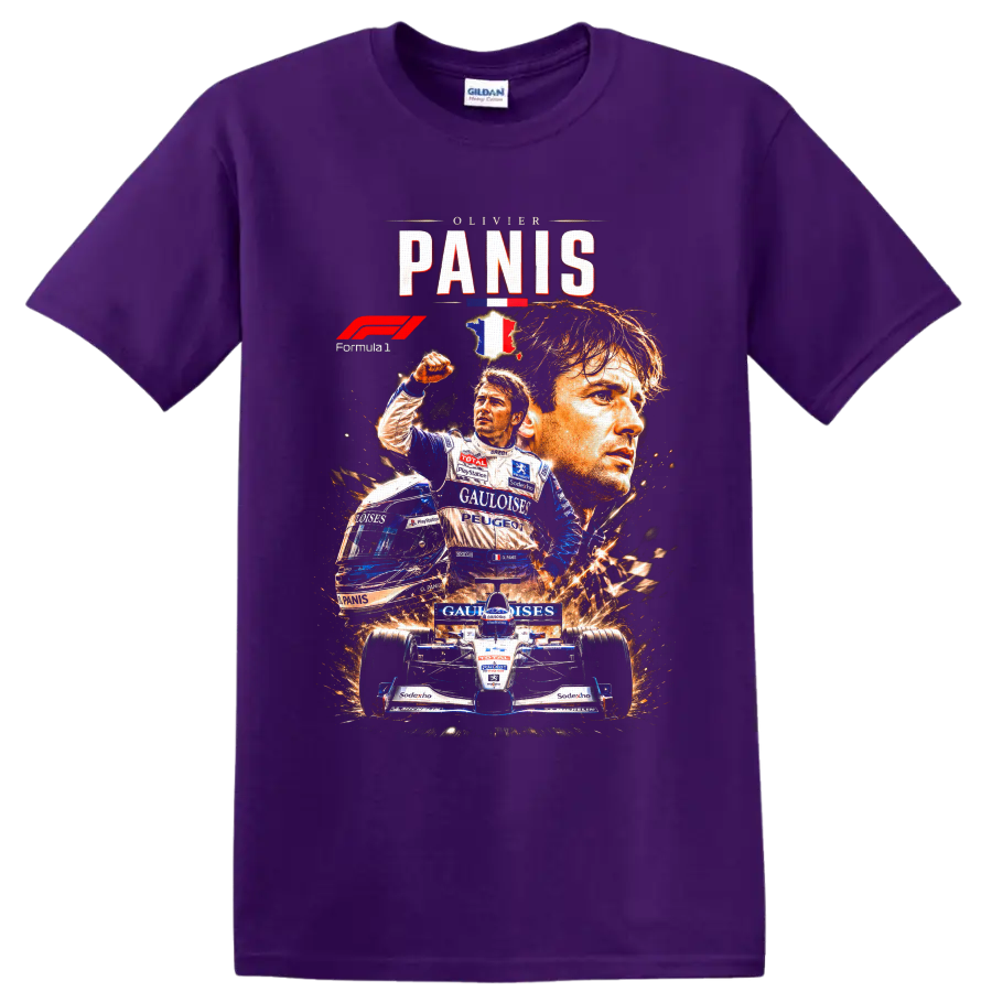 Olivier Panis Ligier Formula 1 portrait collage with French racing car and sparks on a Purple T Shirt