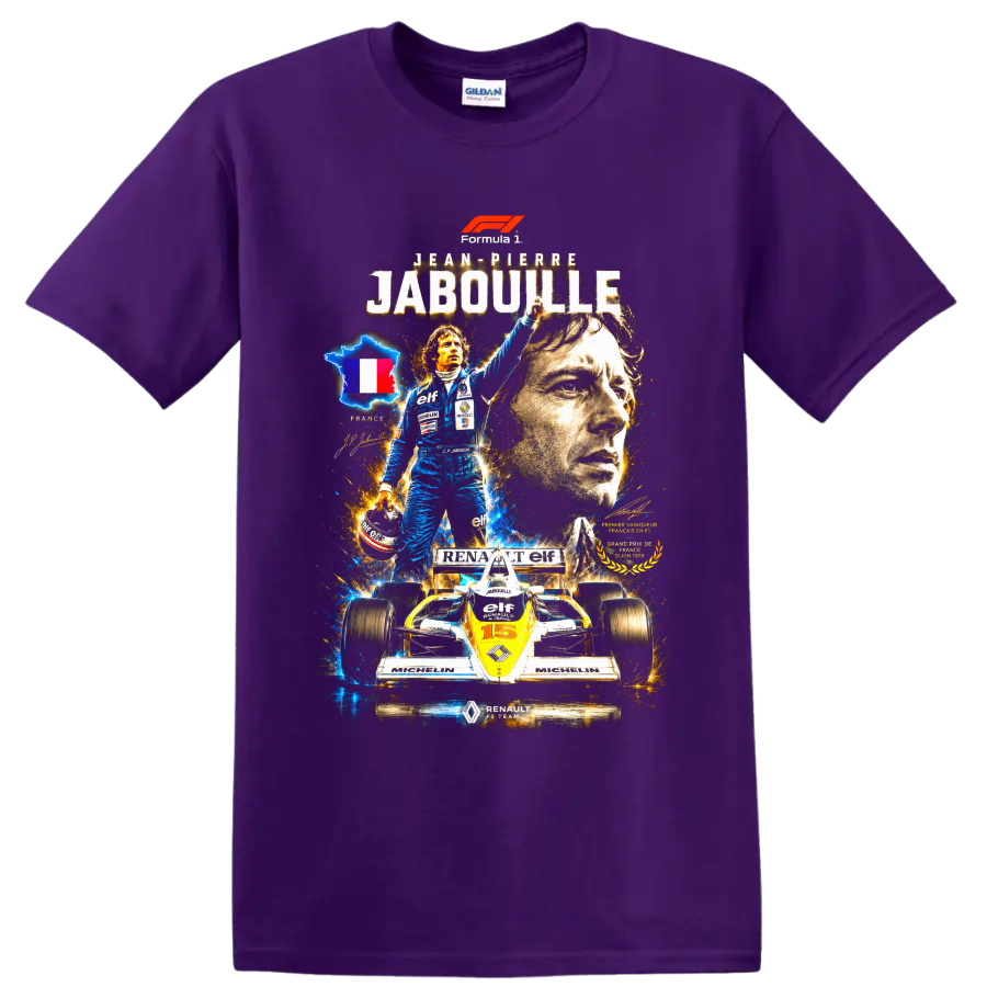 Jean-Pierre Jabouille Renault Formula 1 vintage racing collage with No. 15 car on a Purple T Shirt