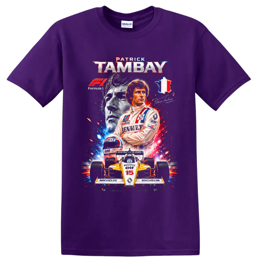 Patrick Tambay Renault Formula 1 portrait, helmet, and number 15 race car graphic on a Purple T Shirt