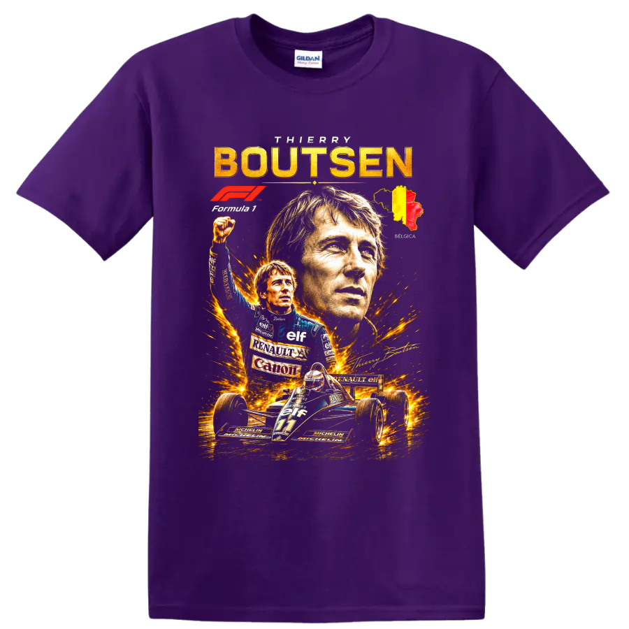 Thierry Boutsen Formula 1 portrait collage with Renault number 11 car and Belgian map on a Purple T Shirt