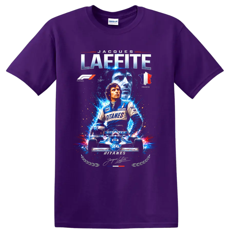 Jacques Laffite Ligier Formula 1 racing art with number 26 car and French tricolor on a Purple T Shirt