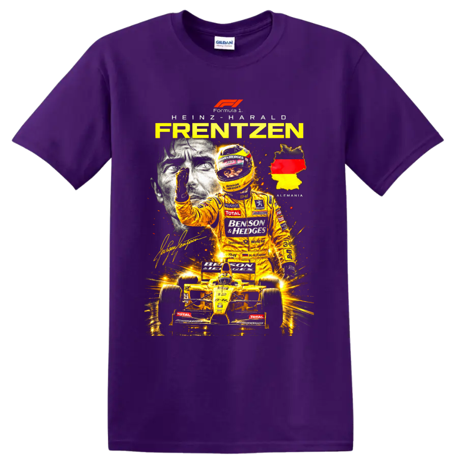 Heinz-Harald Frentzen Jordan Formula 1 yellow racing collage with Germany map on a Purple T Shirt
