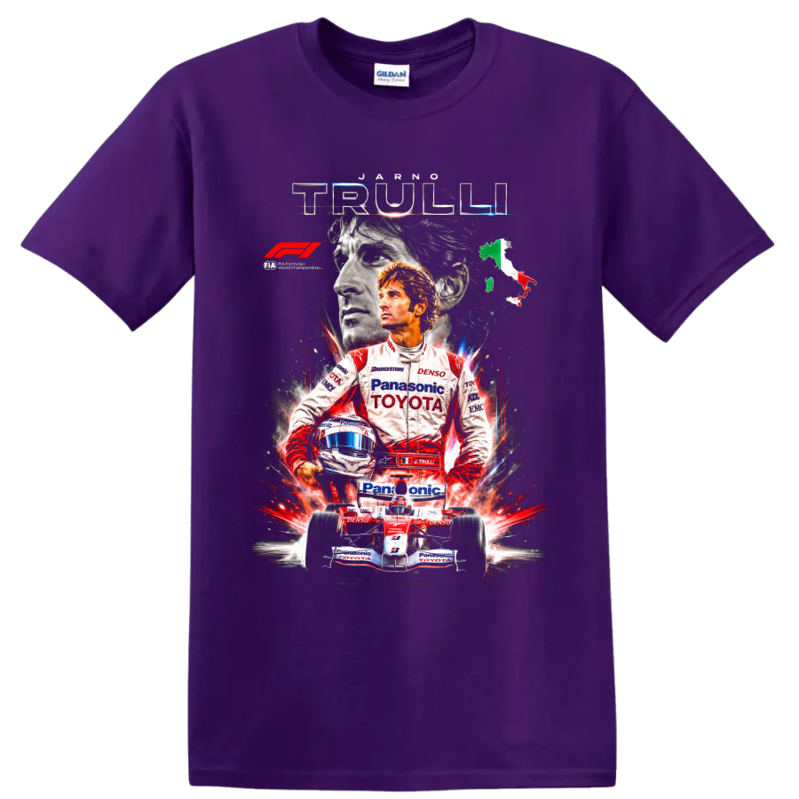 Jarno Trulli Toyota Formula 1 portrait with helmet, race car, and Italian map on a Purple T Shirt