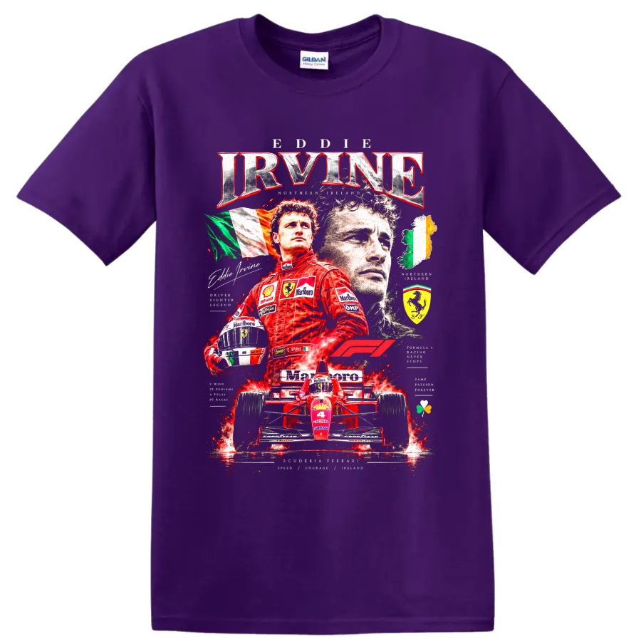 Eddie Irvine Ferrari Formula 1 collage with red race car, helmet, and Irish flags on a Purple T Shirt