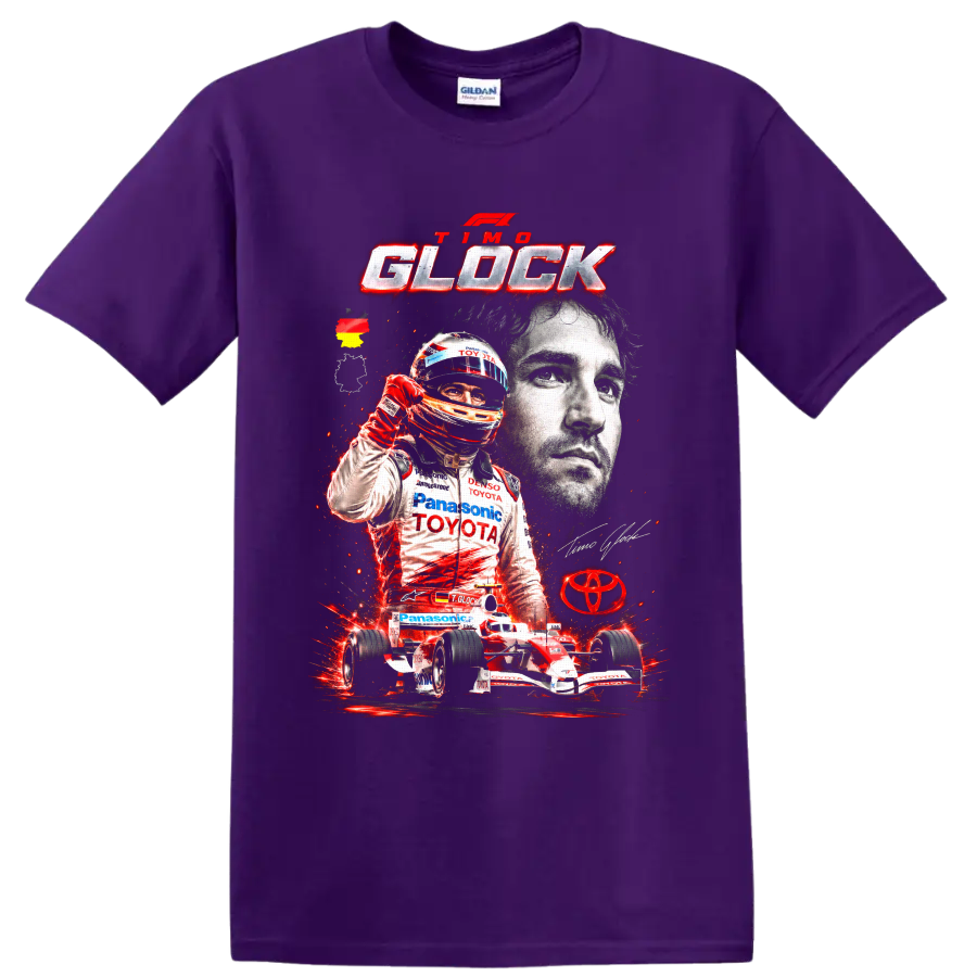Timo Glock Toyota Formula 1 portrait, helmeted driver, and race car graphic on a Purple T Shirt