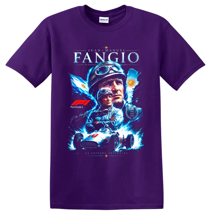 Juan Manuel Fangio portrait collage with vintage race car, Argentina flag, and laurels on a Purple T Shirt