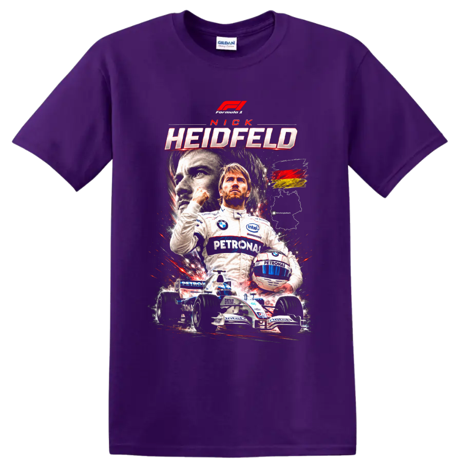 Nick Heidfeld BMW Sauber Formula 1 racing poster graphic with helmet and race car on a Purple T Shirt