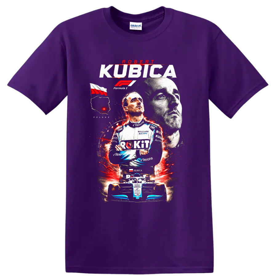 Robert Kubica Williams Racing Formula 1 portrait and race car graphic print on a Purple T Shirt