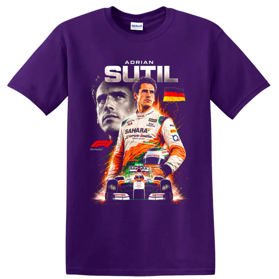 Adrian Sutil Sahara Force India Formula 1 driver collage with German flag and race car on a Purple T Shirt
